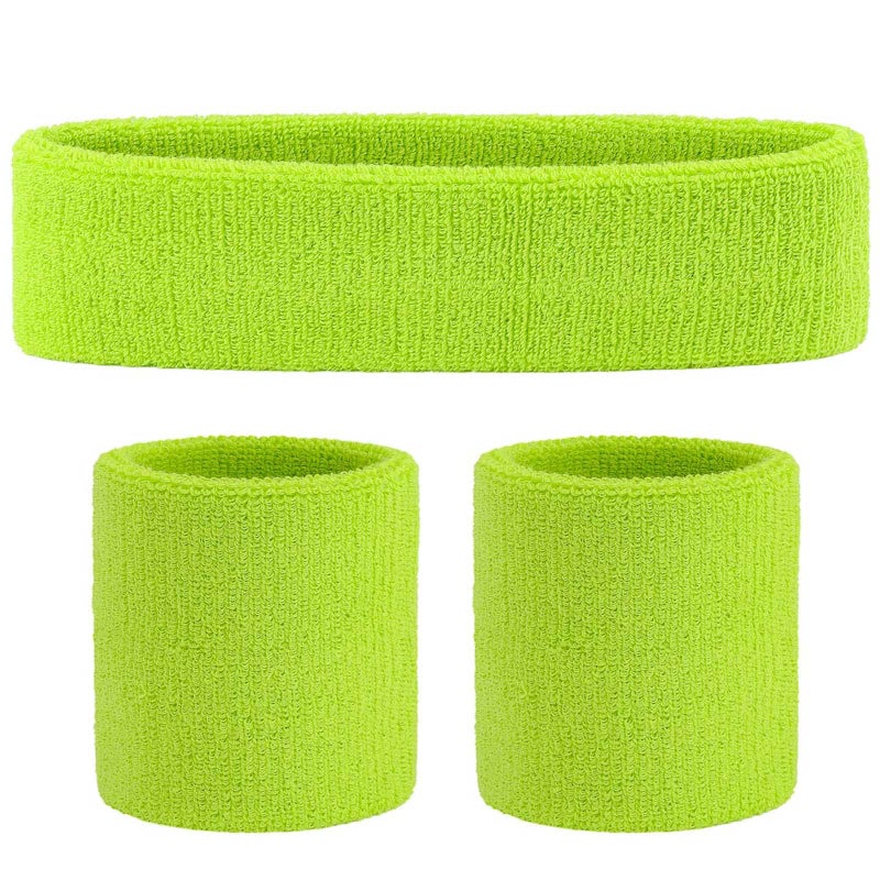 ONUPGO Sweatband Set Sports Headband Wrist Striped Sweatbands Terry Cloth Wristband Athletic Exercise Basketball Wrist Sweatband and Headbands Moisture Wicking Sweat Absorbing Head Band Neon Green - Image 1